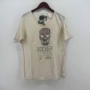 Energie Mens Rocker Loser Skull Graphic Studded T-Shirt Cream Large UK 1977